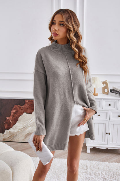 Mock Neck Slit Sweater