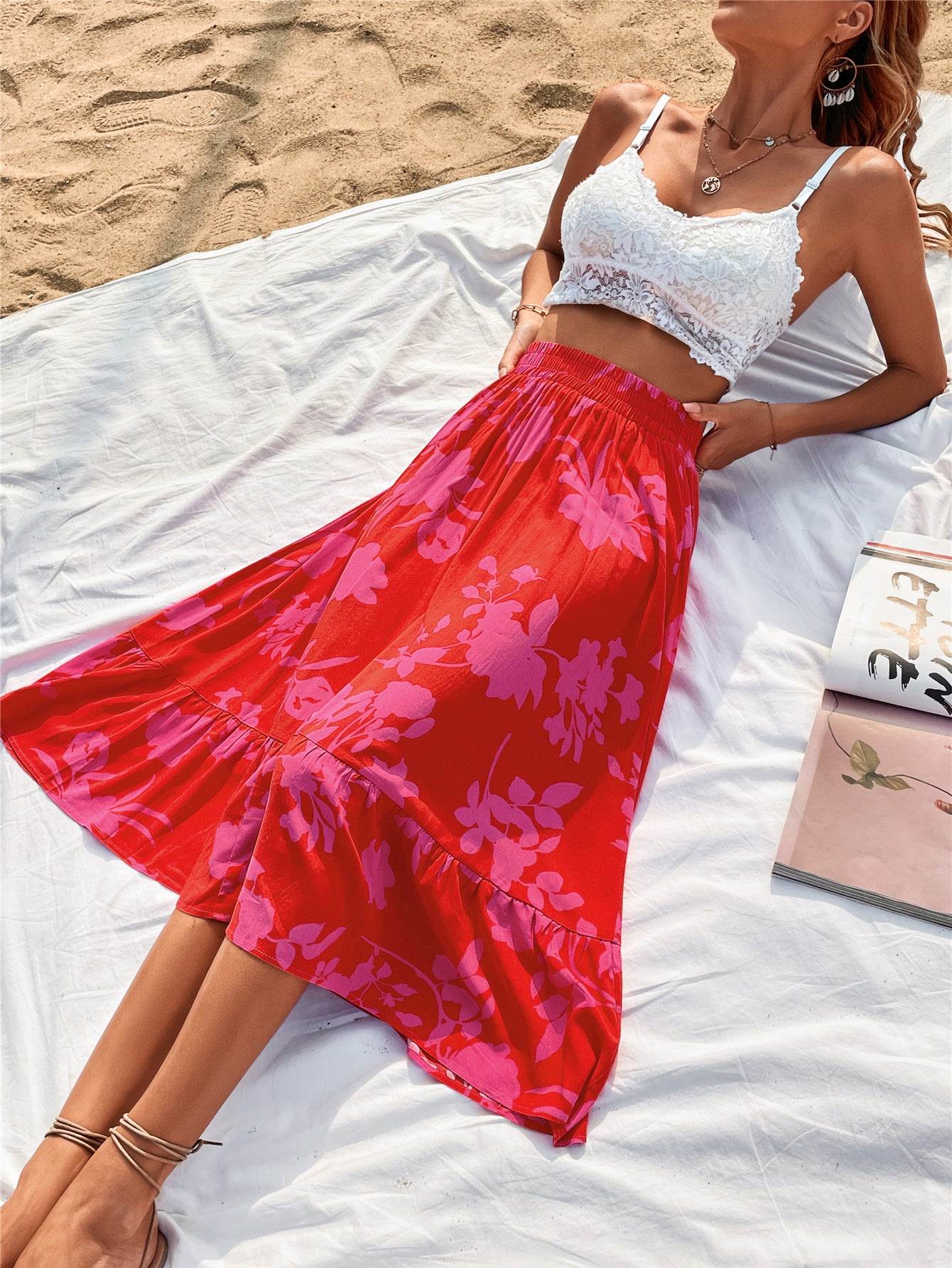 Printed Flower Elastic Waist Skirt