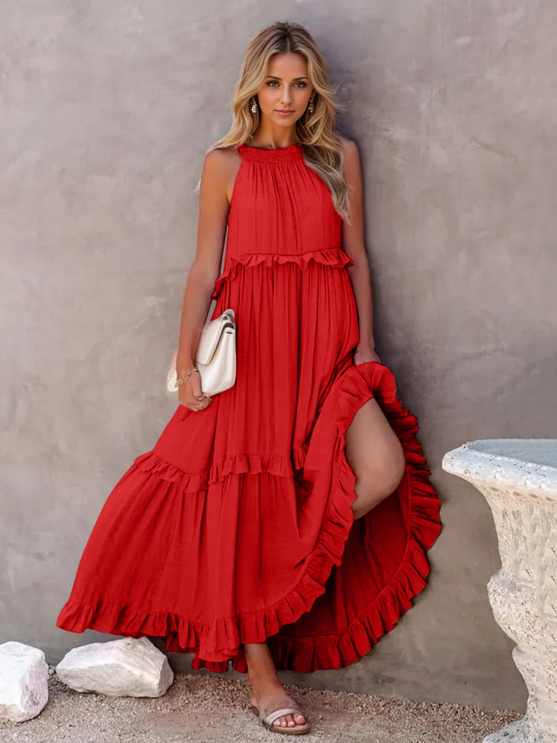 Ruffled Sleeveless Tiered Maxi Dress with Pockets - Elegant Aura Boutique