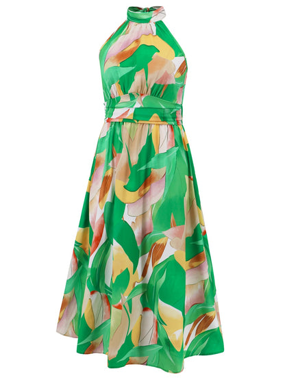 Ruched Printed Halter Neck Sleeveless Dress - Elegant Aura Boutique