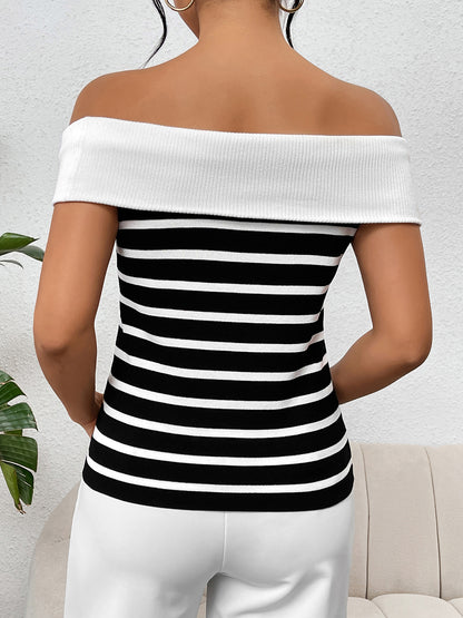 Decorative Striped Off-Shoulder Knit Top