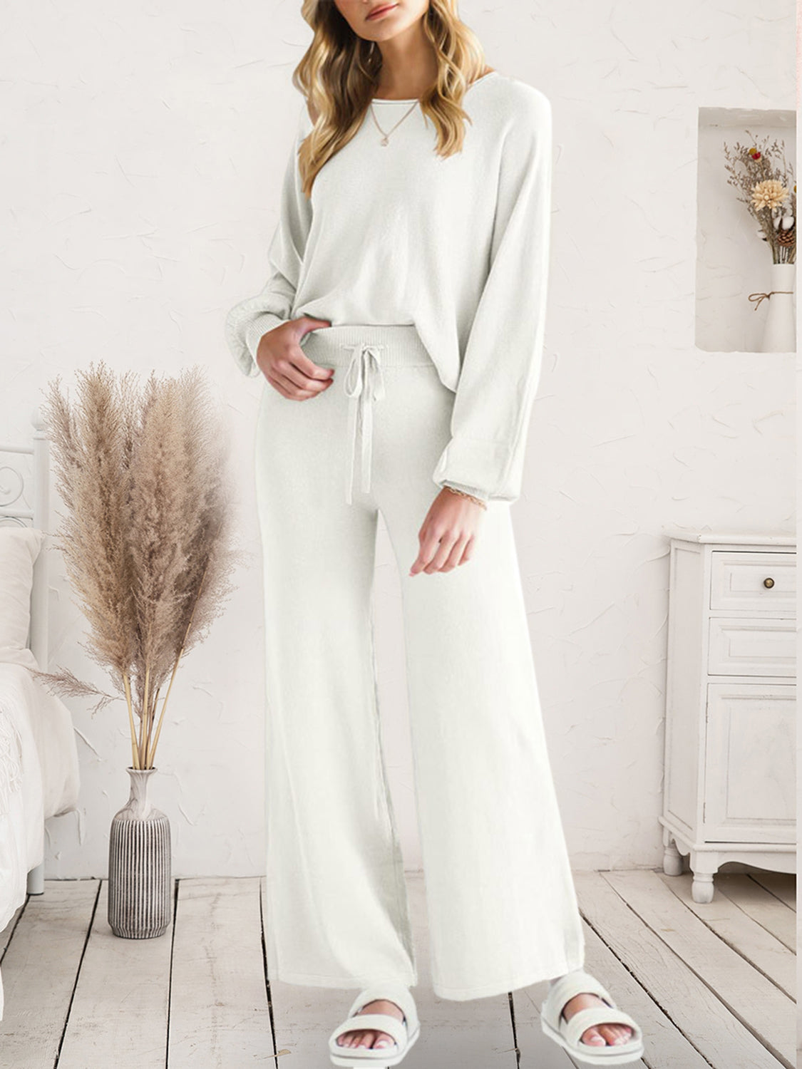 Long Sleeve Lounge Top with Drawstring Pants Set