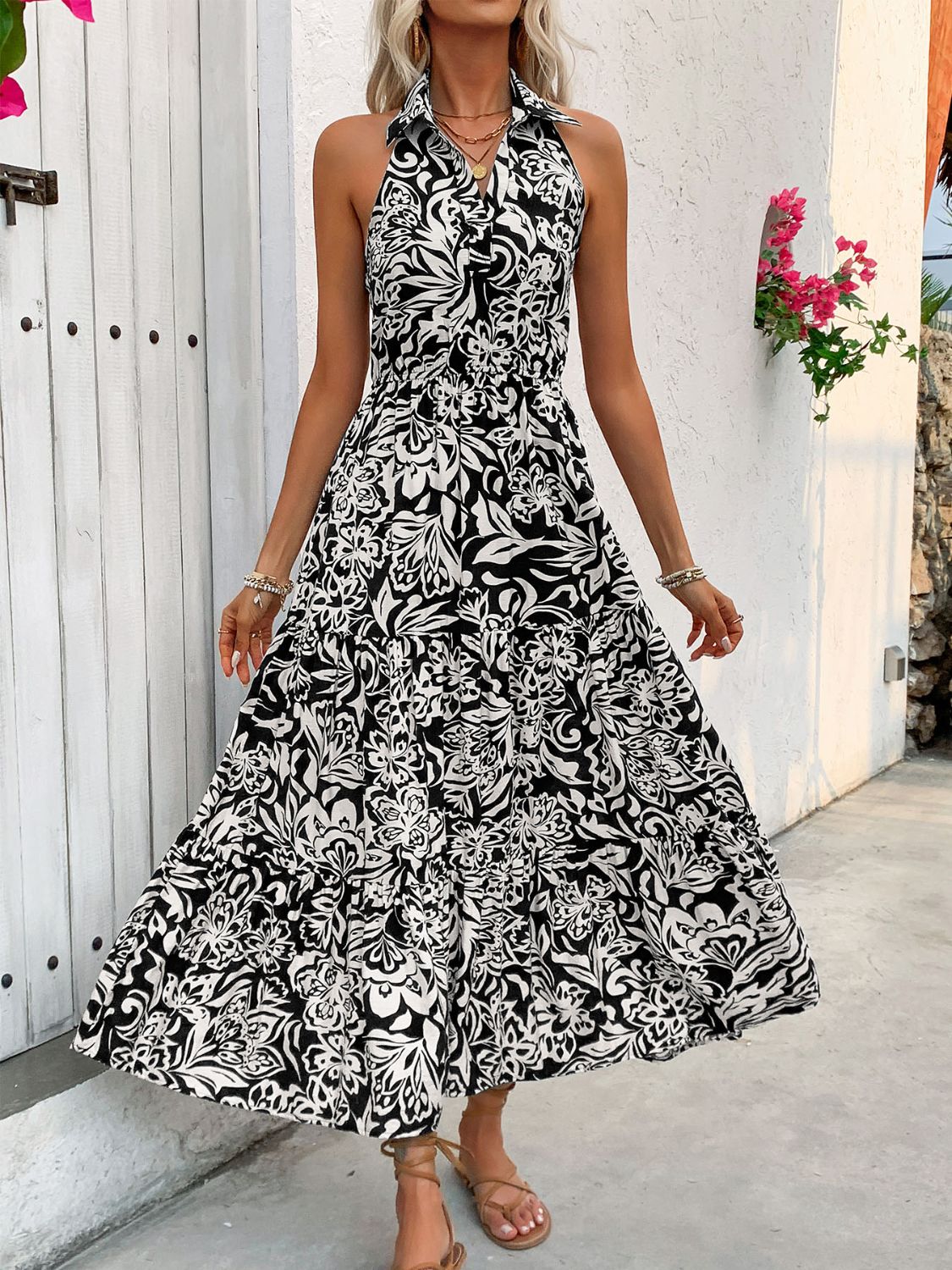 Backless Smocked Printed Midi Dress