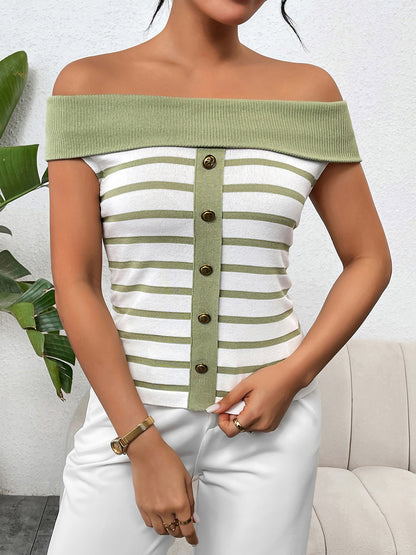 Decorative Striped Off-Shoulder Knit Top