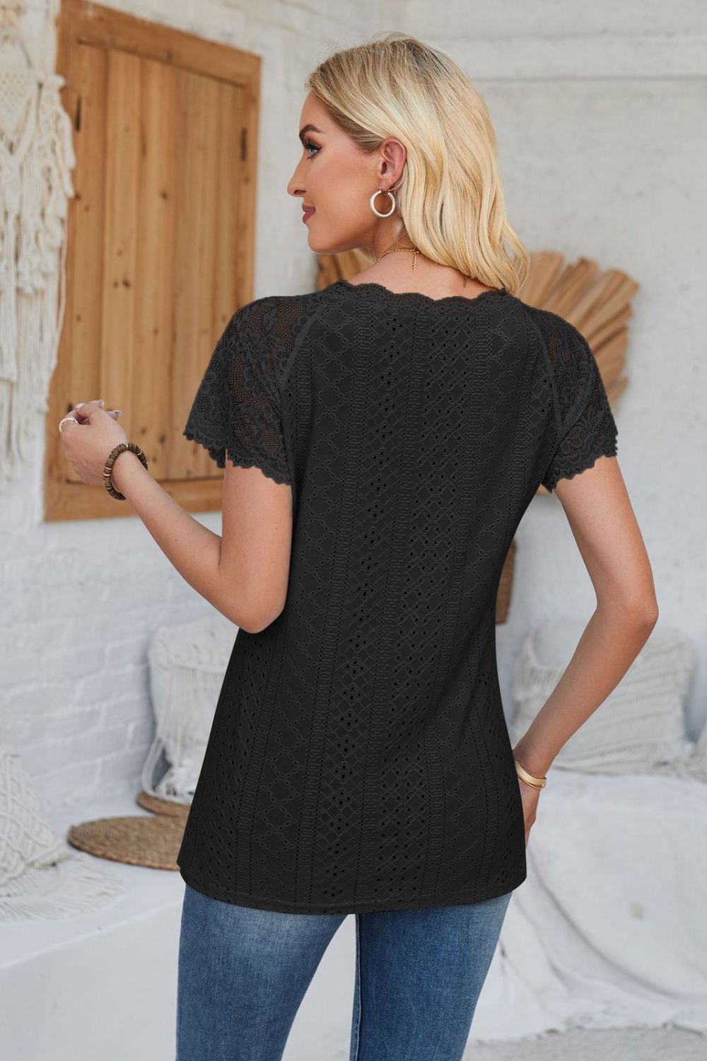 V-Neck Lace Short Sleeve T-Shirt