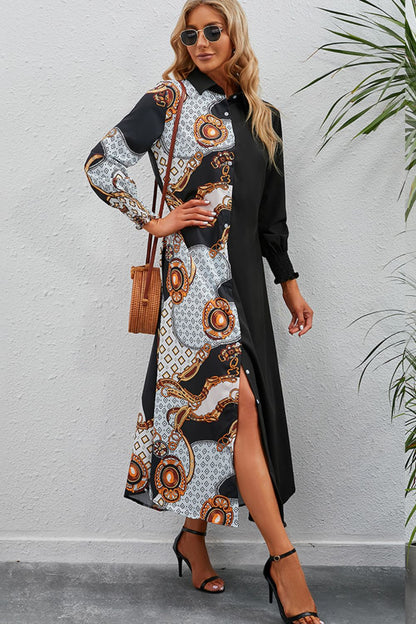 Printed Long Sleeve Collared Dress