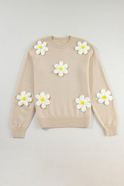 Flower Round Neck Long Sleeve Sweater