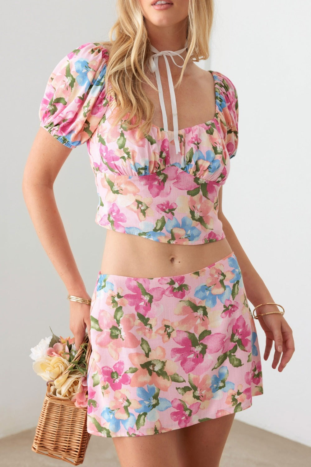 Floral Puff Sleeve Crop Top and Mini Skirt Set