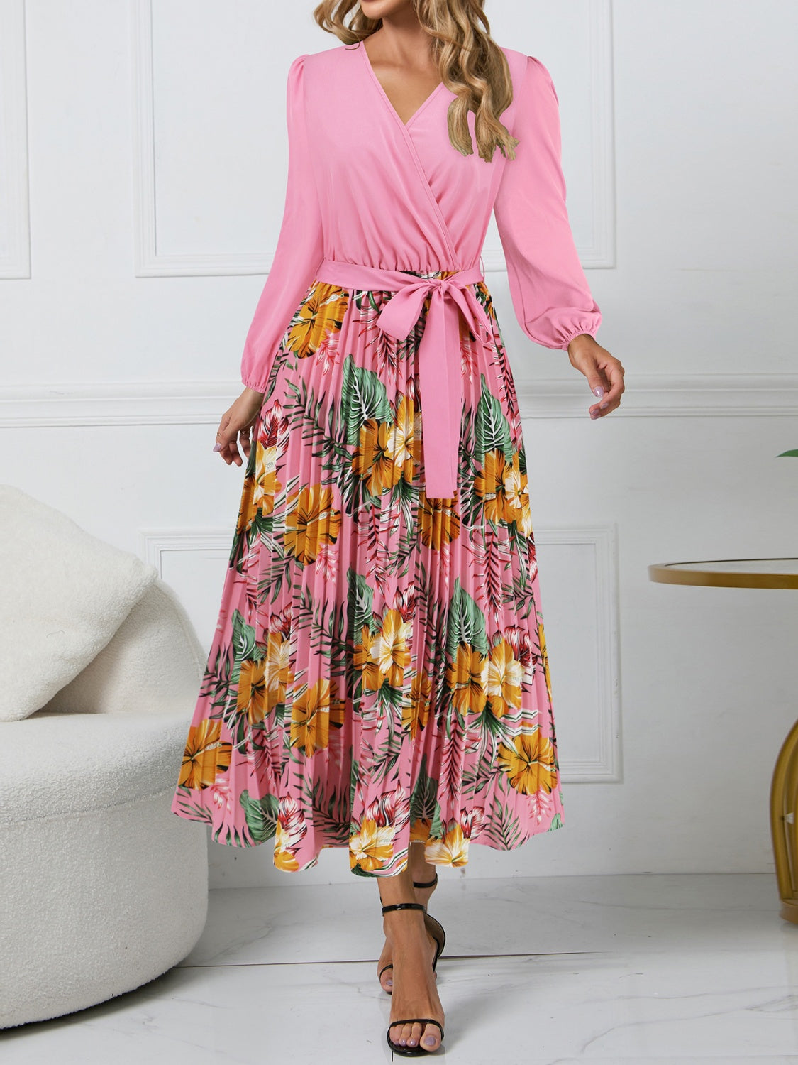 Printed Surplice Long Sleeve Dress