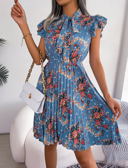 Pleated Floral Printed Dress