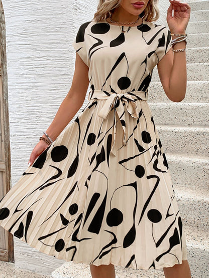 Pleated Printed Cap Sleeve Dress