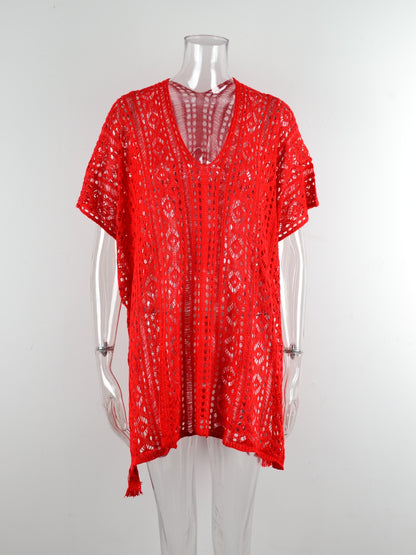 Cutout V-Neck Cover-Up with Tassel - Elegant Aura Boutique