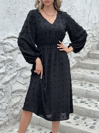 Swiss Dot V-Neck Long Sleeve Midi Dress