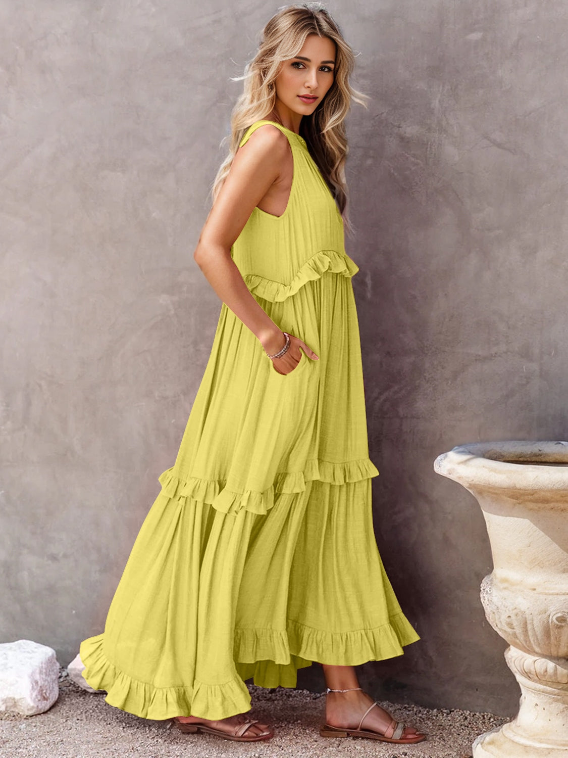 Ruffled Sleeveless Tiered Maxi Dress with Pockets - Elegant Aura Boutique