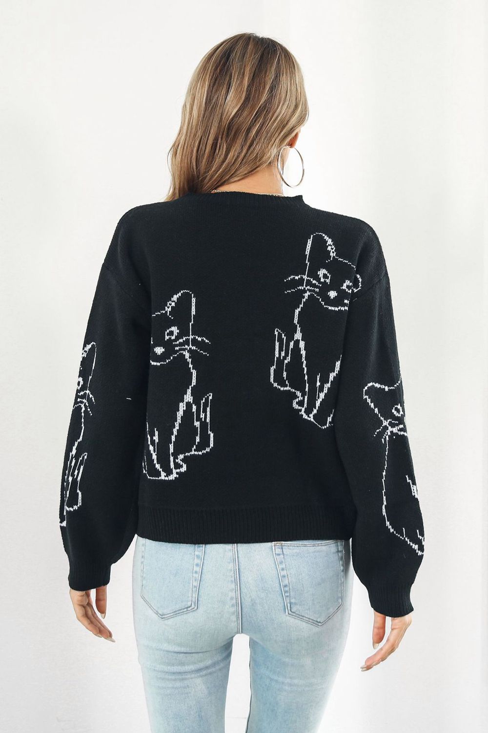 Cat Pattern Round Neck Sweater