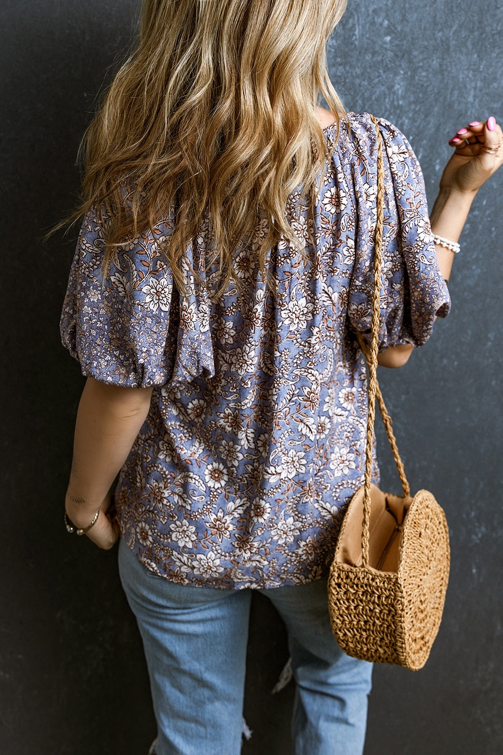 Printed Flower Half Sleeve Blouse - Elegant Aura Boutique