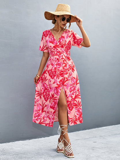 Floral Print High Slit Midi Dress