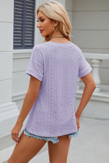 Eyelet V-Neck Short Sleeve Blouse