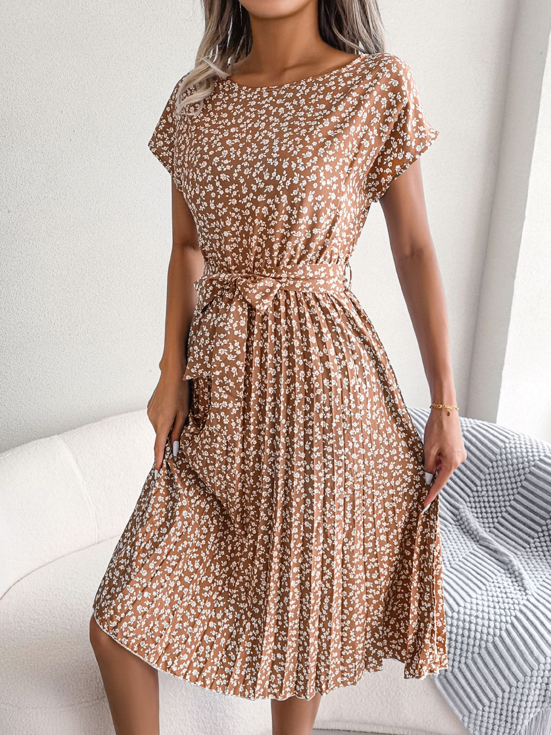 Floral Pleated Belted Dress