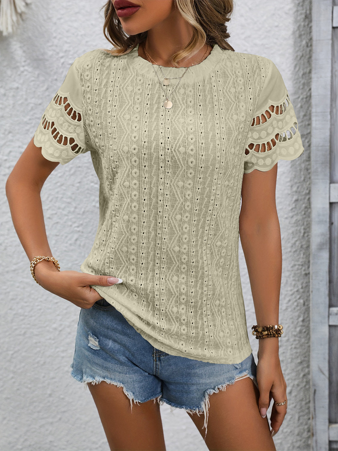 Stylish Eyelet Round Neck Top