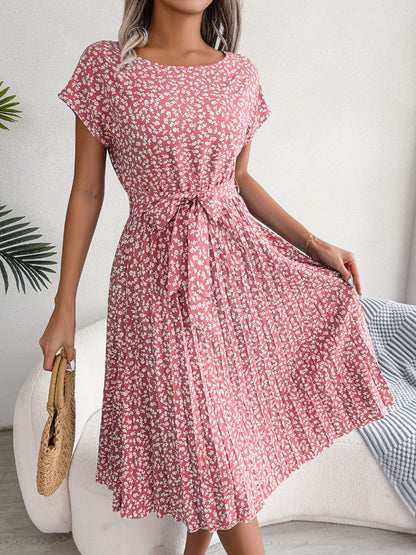 Floral Pleated Belted Dress