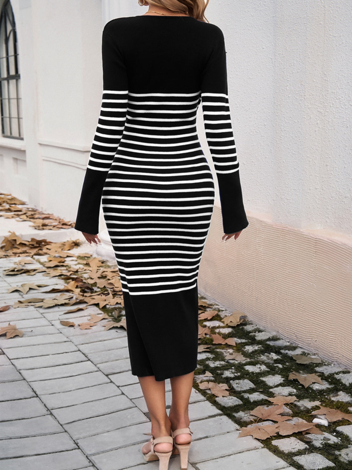 Striped V-Neck Long Sleeve Dress