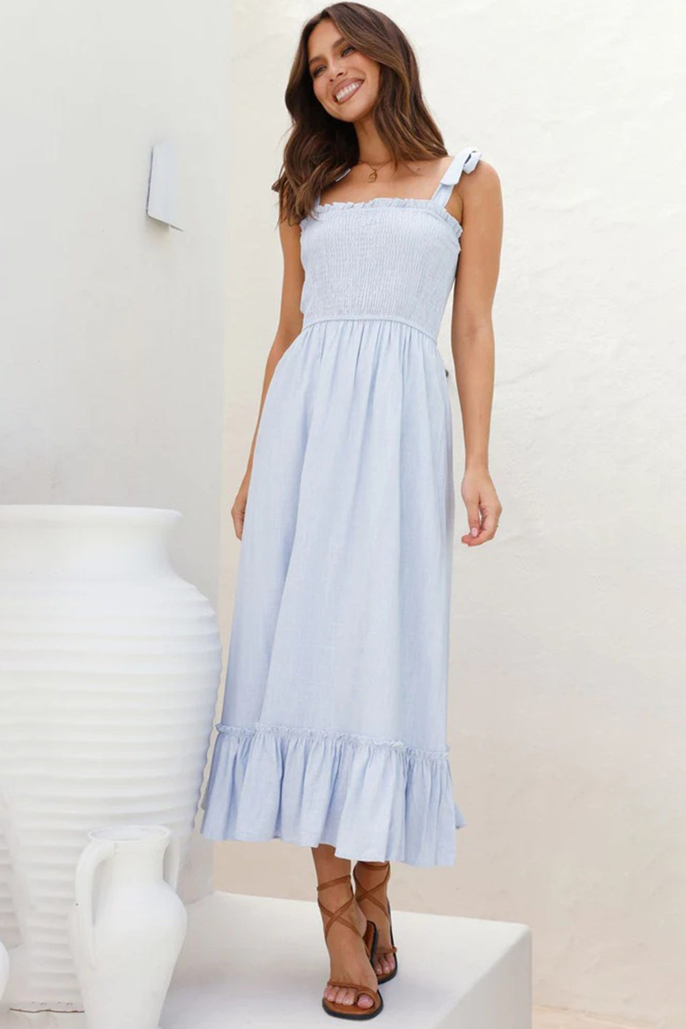 Ruffled Smocked Ruffle Hem Sleeveless Dress - Elegant Aura Boutique