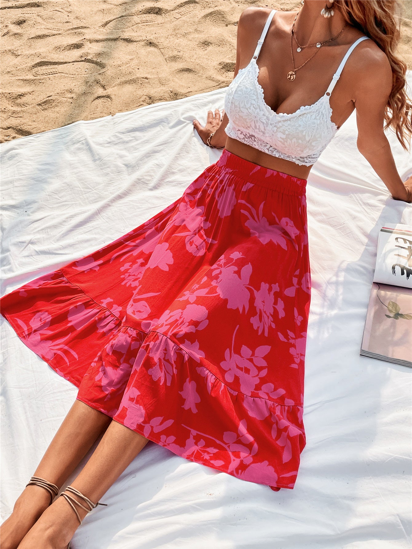 Printed Flower Elastic Waist Skirt