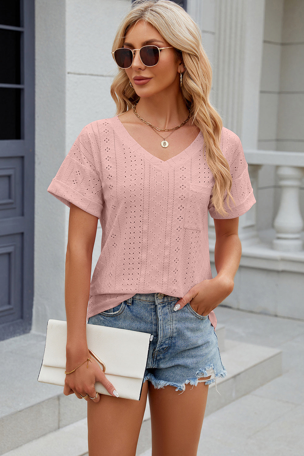 Eyelet V-Neck Short Sleeve Blouse