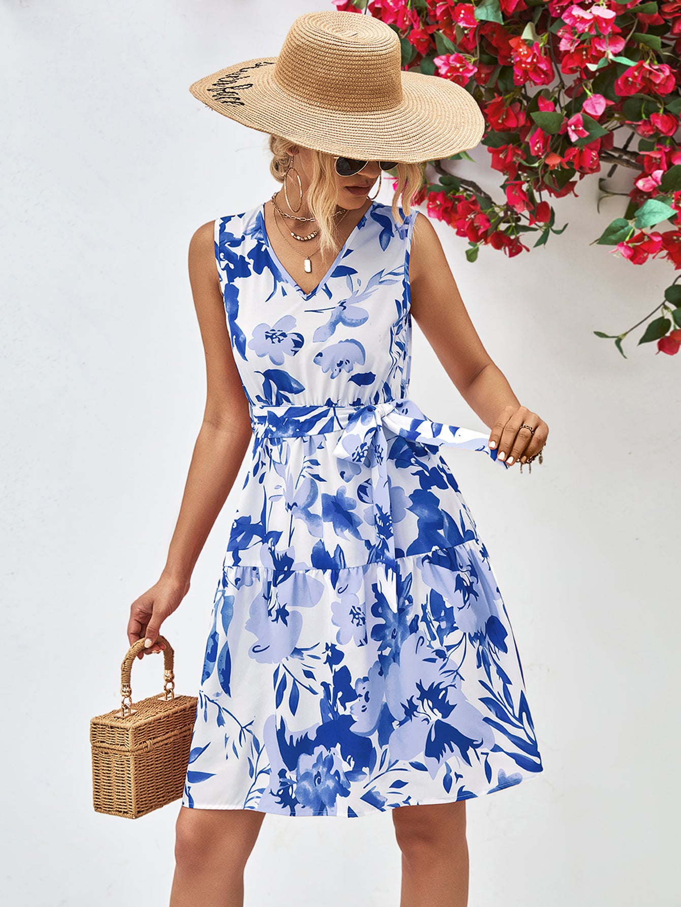 Floral V-Neck Tie Waist Dress