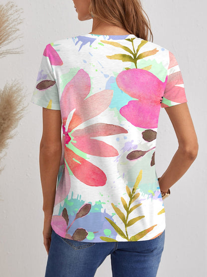 Flower Printed V-Neck T-Shirt