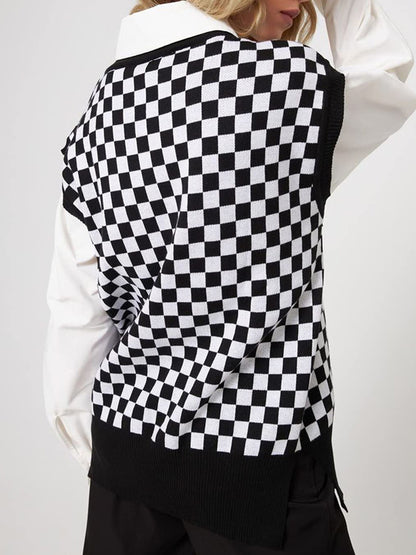 Checkered V-Neck Cap Sleeve Sweater