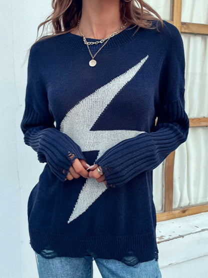 Lightning Graphic Distressed Sweater