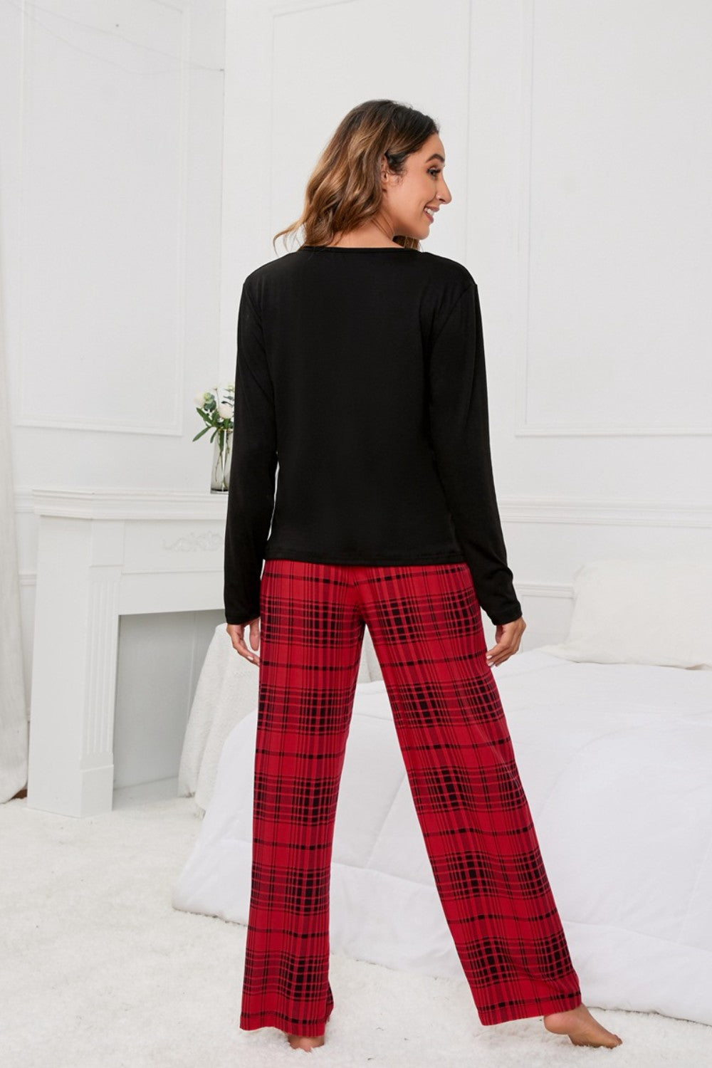 Long Sleeve Top and Bow Plaid Pants Lounge Set