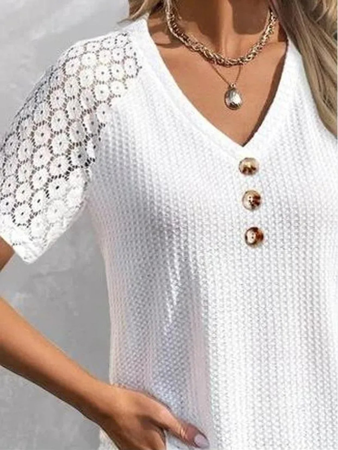 Waffle-Knit V-Neck Blouse