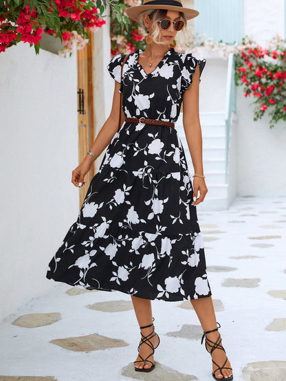 Frill Trim V-Neck Tiered Midi Dress