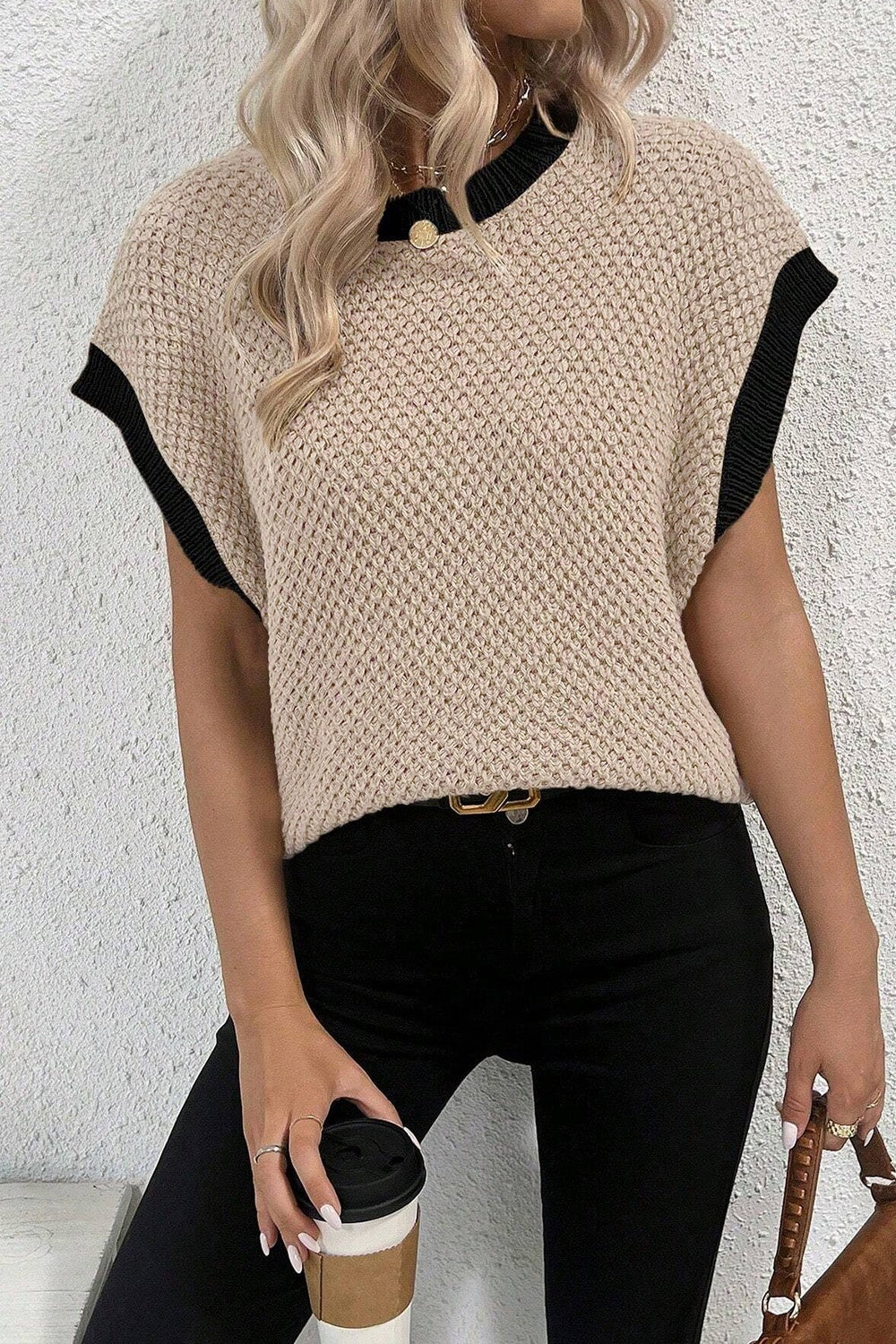 Contrast Cap Sleeve Knit Top