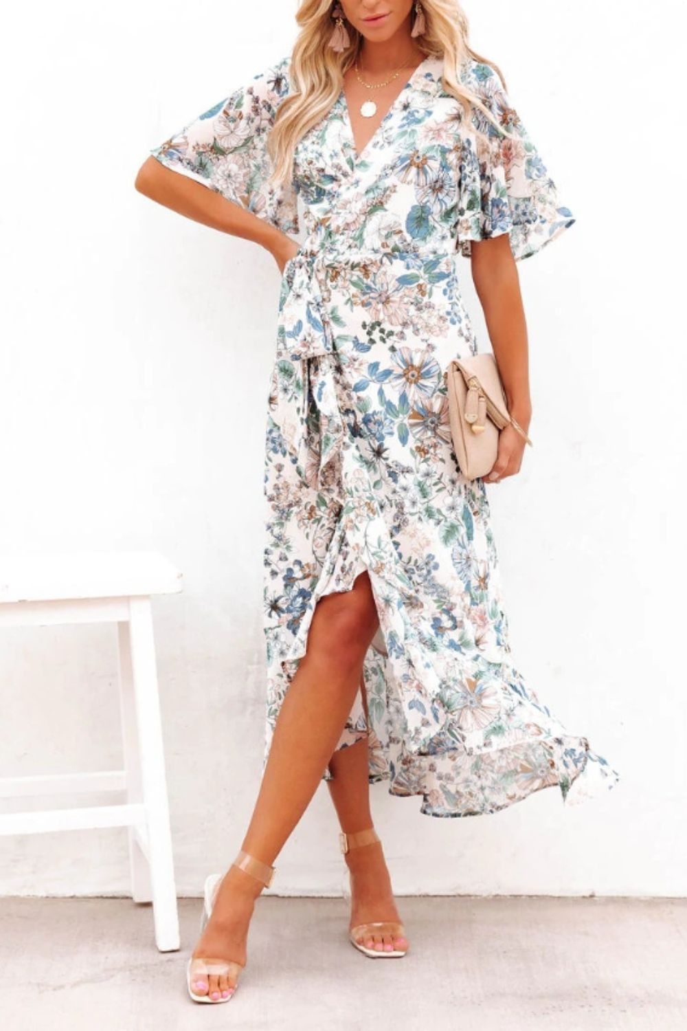 Printed Surplice Flutter Sleeve Midi Dress