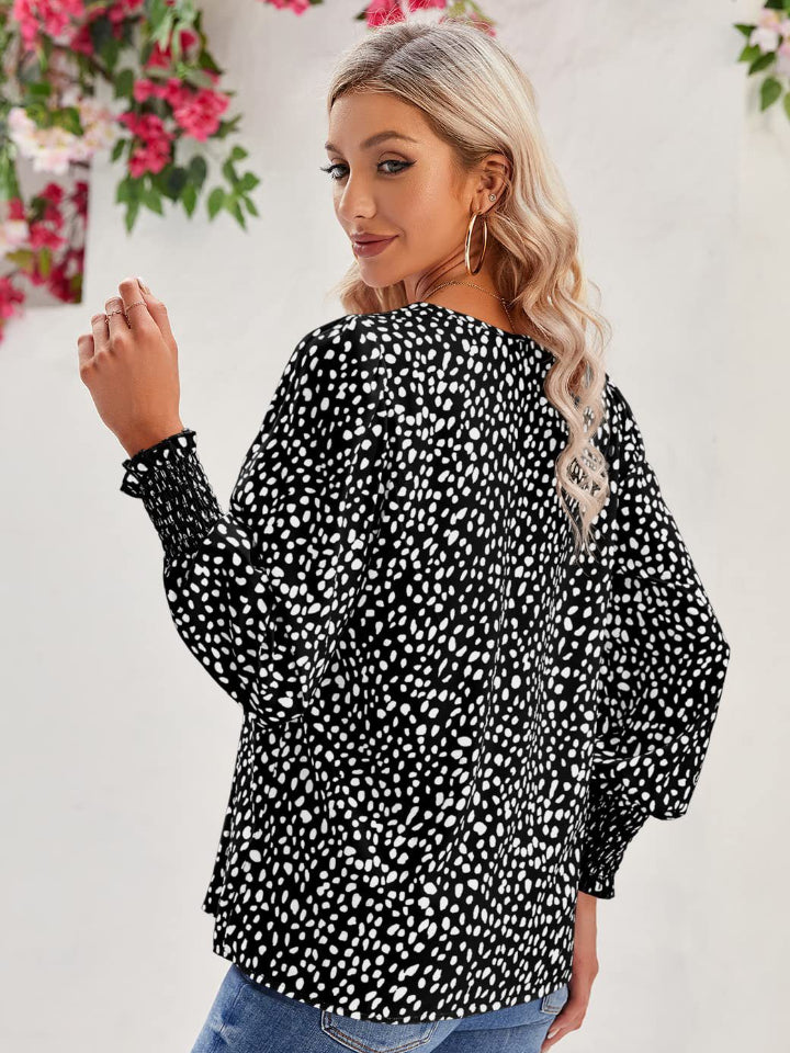 Stylish Printed V-Neck Lantern Sleeve Blouse