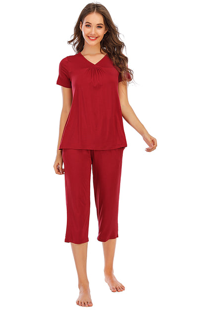 V-Neck Short Sleeve Top and Pants Lounge Set - Elegant Aura Boutique