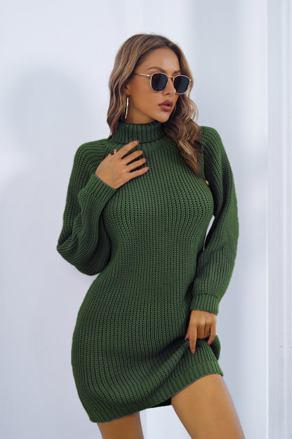 Buttoned Turtleneck Long Sleeve Dress