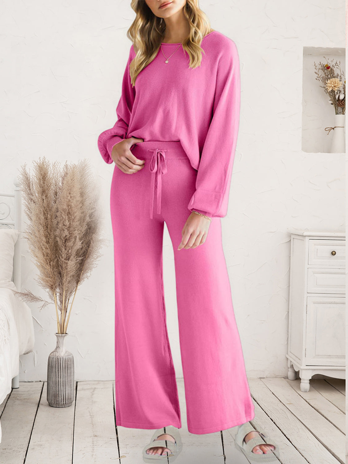 Long Sleeve Lounge Top with Drawstring Pants Set