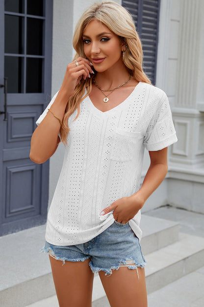 Eyelet V-Neck Short Sleeve Blouse