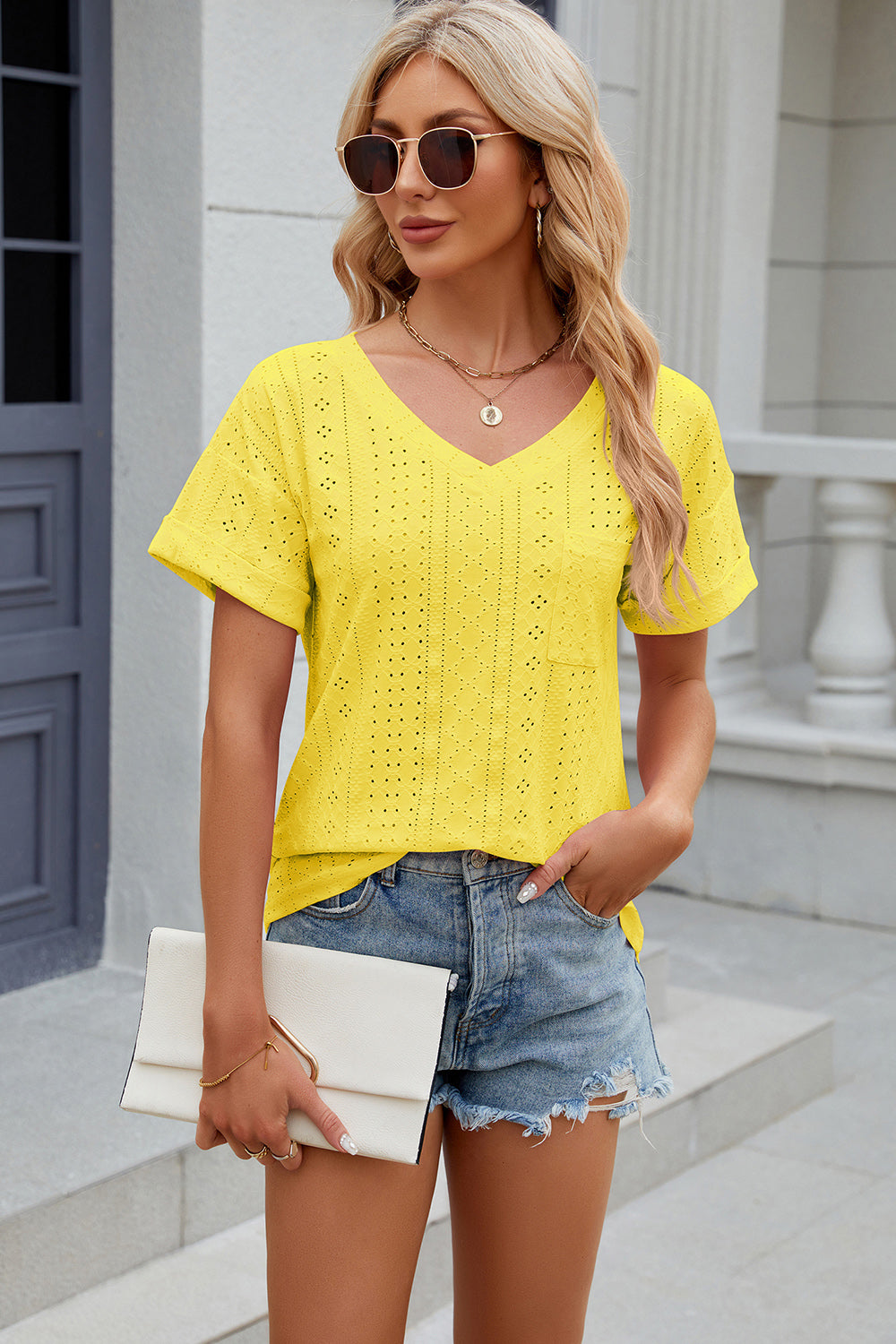 Eyelet V-Neck Short Sleeve Blouse