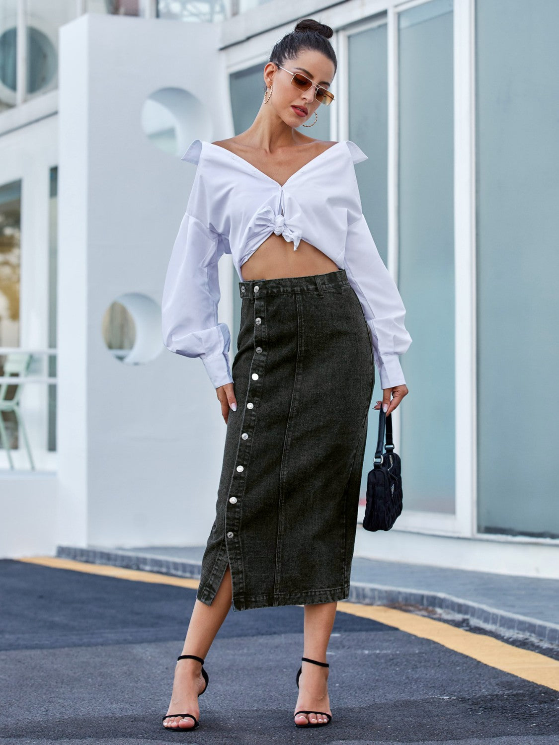 Button Down Denim Skirt - Elegant Aura Boutique