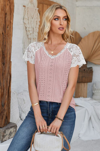 V-Neck Lace Short Sleeve T-Shirt