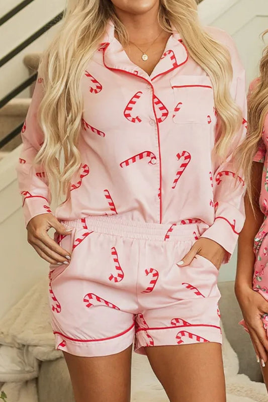 Candy Cane Long Sleeve Top and Shorts Lounge Set