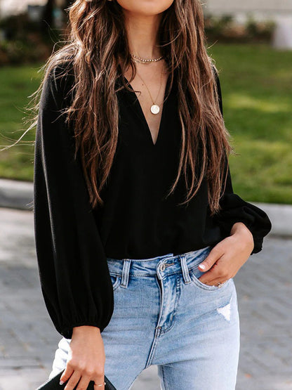 Notched Long Sleeve Blouse