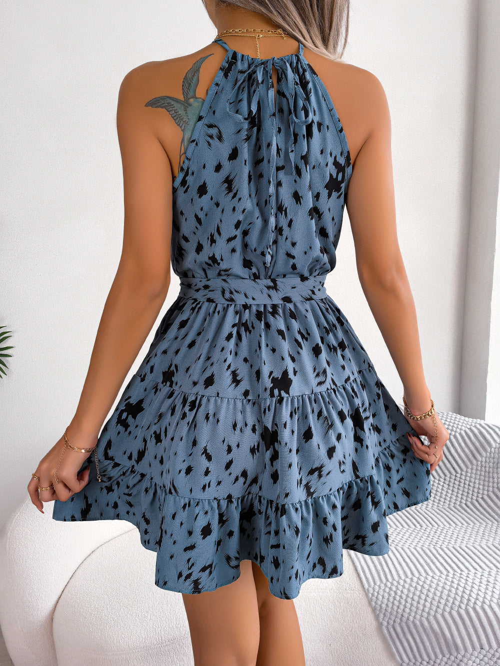 Printed Tie Waist Sleeveless Mini Dress