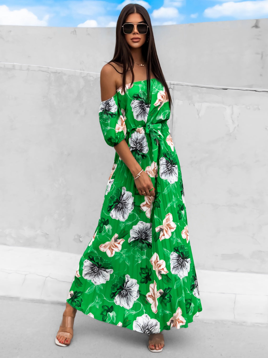 Pleated Floral Off-Shoulder Short Sleeve Midi Dress - Elegant Aura Boutique